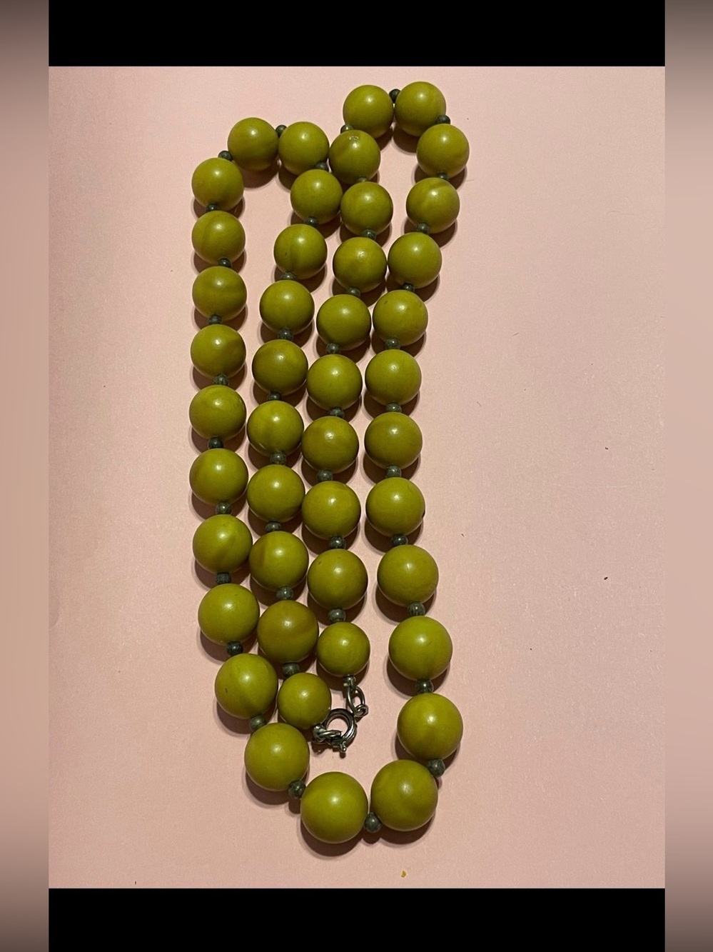 Vintage Green Olive Plastic Knotted Bead Necklace #7128